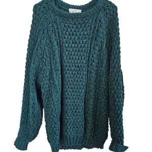 Hill Head Classic Teal Green Handloomed Irish Wool Sweater XL Crew Ne Pointelle